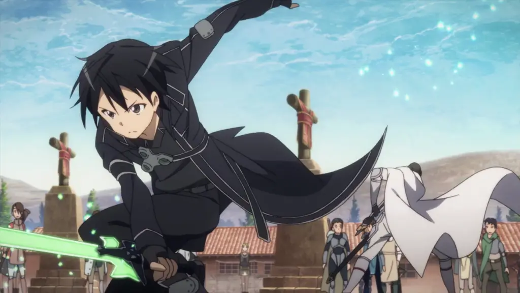 Adegan aksi menegangkan dalam dunia virtual SAO Gambar adegan aksi dari Sword Art Online