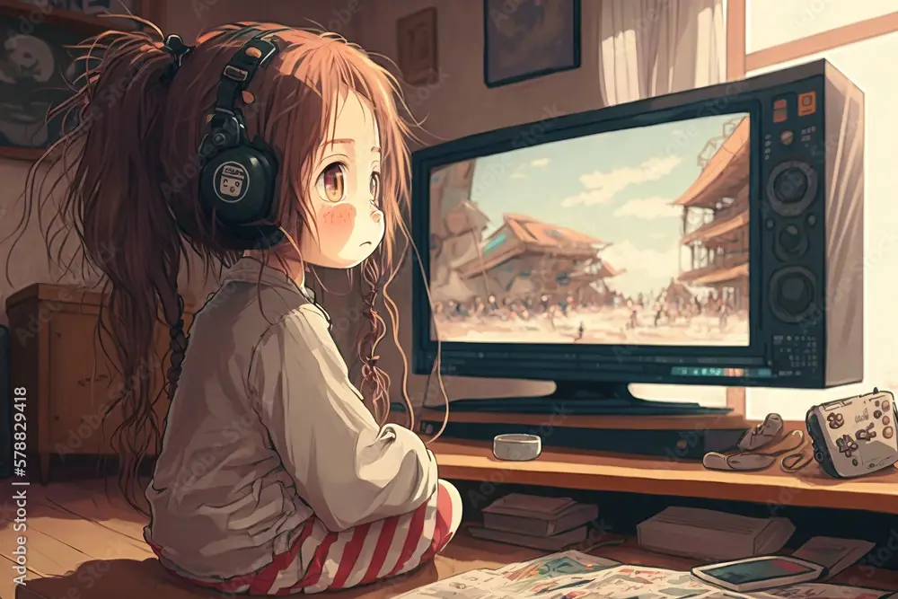 Menikmati Anime dengan Aman dan Nyaman Ilustrasi gadis anime menonton anime di laptop