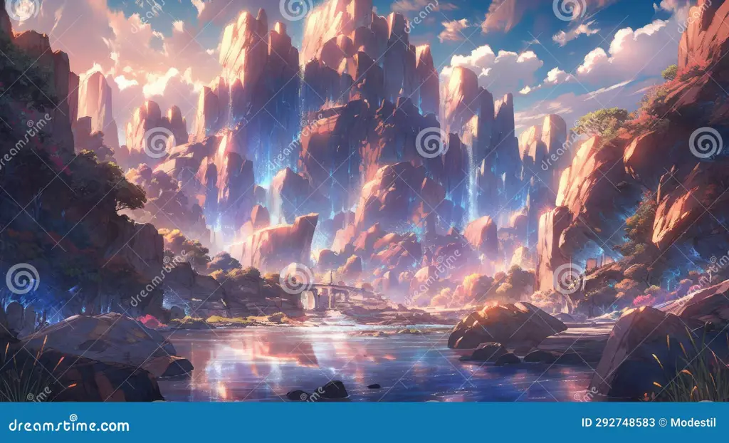Pemandangan Dunia Fantasi dalam Shinka no Mi Gambar pemandangan dunia fantasi anime
