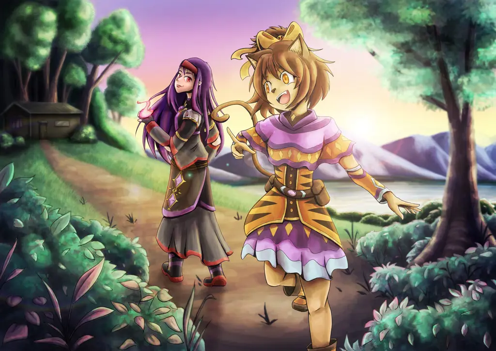 Interaksi antar karakter yang dinamis dan menghibur Gambar karakter anime berinteraksi dalam latar fantasi