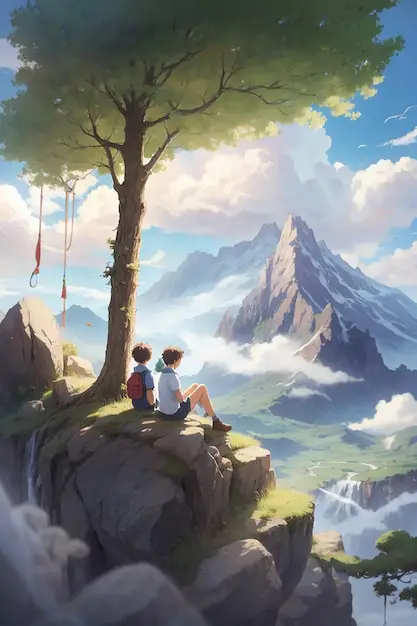Momen romantis dalam anime Karakter anime menyaksikan matahari terbenam
