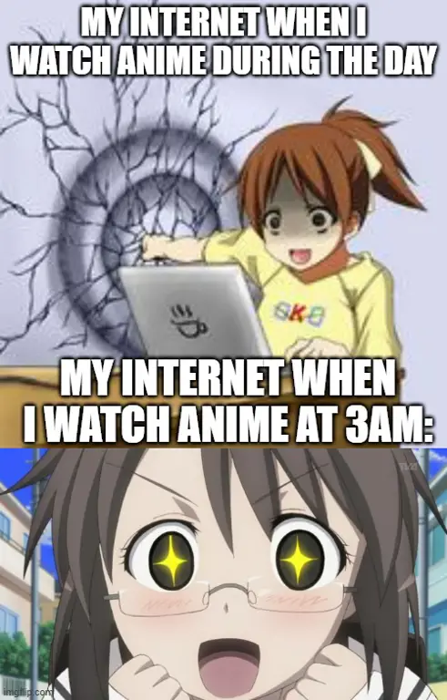 Menikmati anime favorit Penggemar anime sedang menonton dengan bahagia