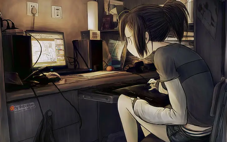 Menikmati Anime Karakter anime menonton anime di tablet