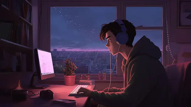 Menikmati Anime di Laptop Seseorang menonton anime di laptop