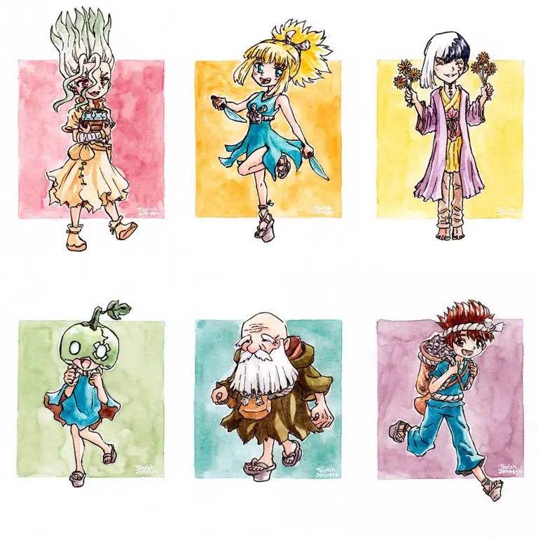 Senku, Chrome, dan teman-teman Karakter-karakter utama dalam anime Doctor Stone