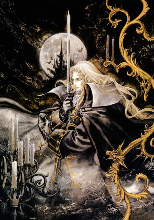 Alucard, sang Pemburu Vampir yang Tragis Alucard, putra Dracula, dalam adegan pertarungan di Castlevania.