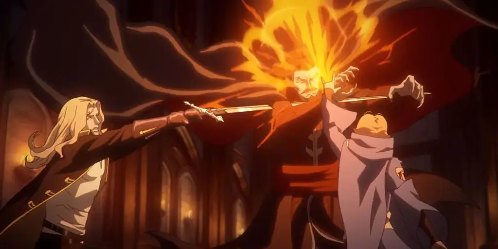 Adegan pertarungan epik dalam anime Castlevania Adegan pertarungan dalam anime Castlevania yang menunjukkan detail animasi yang luar biasa