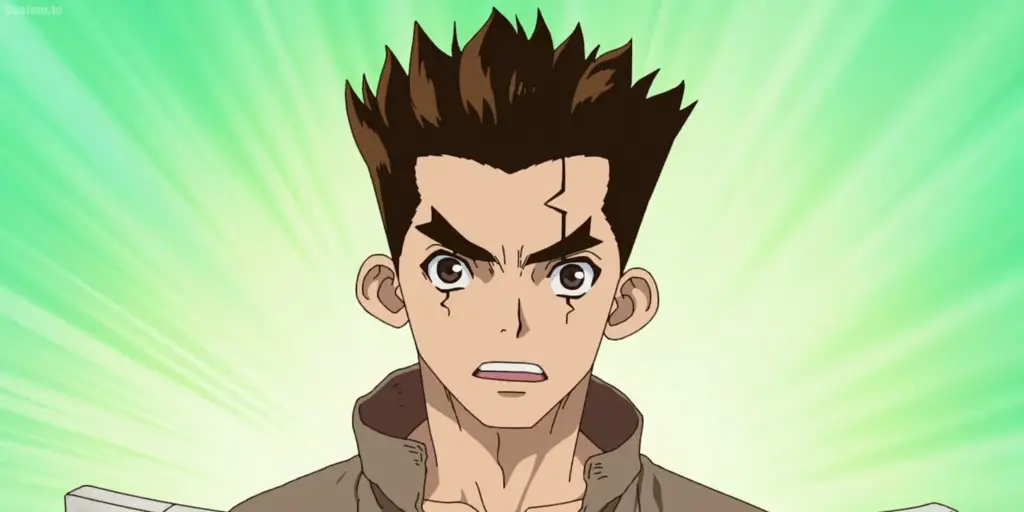 Karakter-karakter utama Doctor Stone dalam satu frame Gambar sekelompok karakter dari anime Doctor Stone