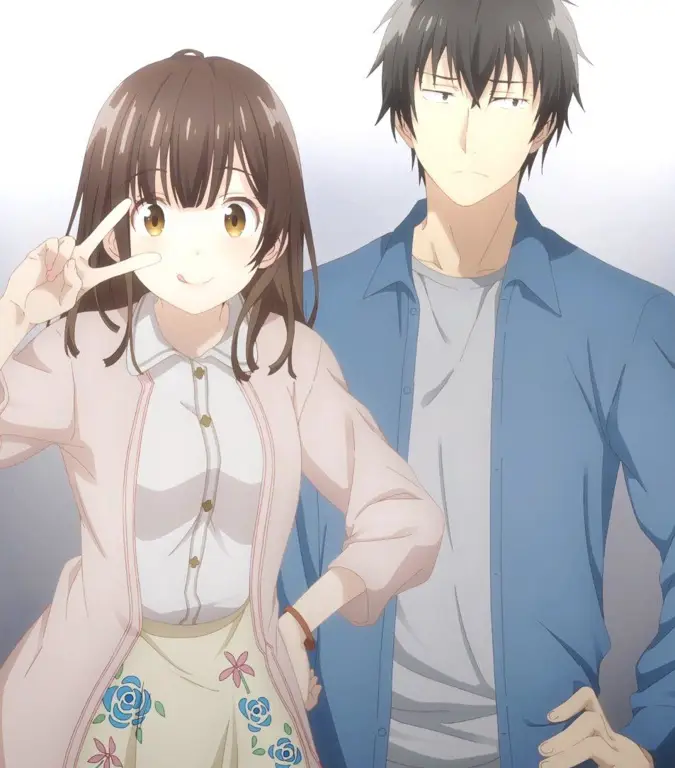 Poster anime Higehiro yang mempesona Karya seni utama anime Higehiro menampilkan Yoshida dan Sayu