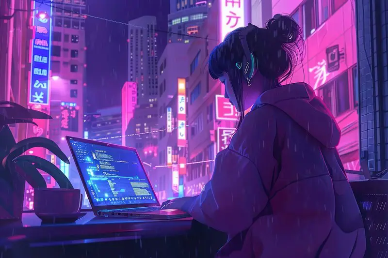 Menikmati Anime di Laptop Gambar seseorang menonton anime di laptop