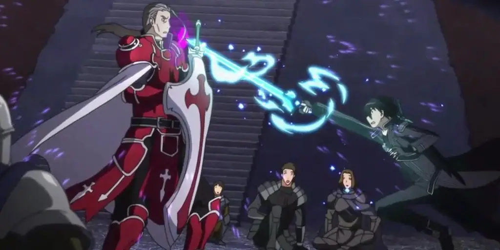 Adegan aksi menegangkan dalam dunia virtual SAO Gambar adegan aksi dari Sword Art Online