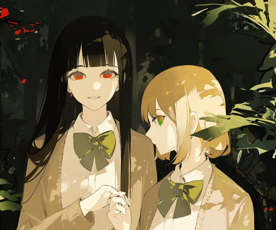 Pemandangan alam yang indah dengan pasangan anime yuri di tengahnya.
