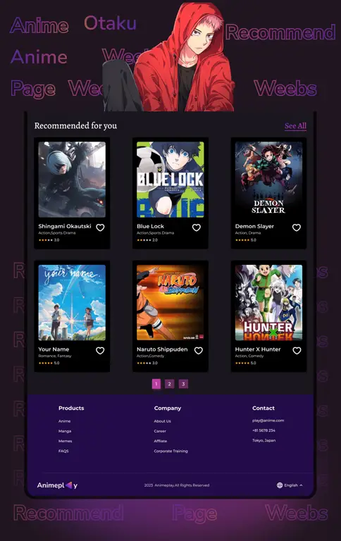 Antarmuka Situs Streaming Anime Antarmuka situs web streaming anime dengan berbagai pilihan anime.