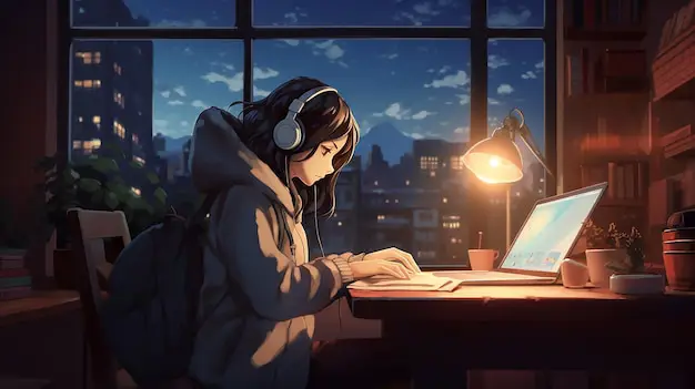 Pengalaman Menonton Anime yang Menyenangkan Seseorang yang sedang menikmati menonton anime di laptop dengan ekspresi bahagia