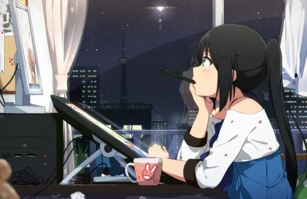 Menikmati anime di laptop Seseorang menonton anime di laptop