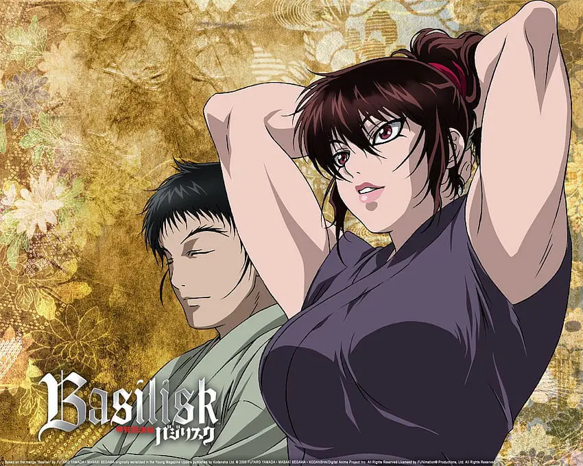 Karakter Utama Anime Basilisk Gambar para karakter utama anime Basilisk, menampilkan Gennosuke dan Oboro
