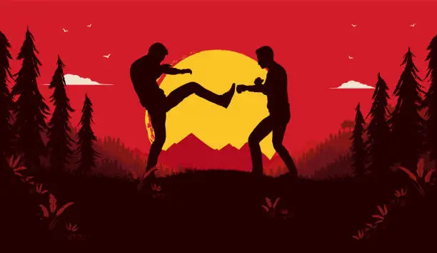 Ilustrasi pertarungan ninja dengan latar belakang Jepang kuno Ilustrasi adegan pertarungan ninja dalam anime Basilisk
