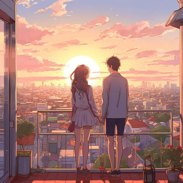 Bahagia Bersama Pasangan anime bahagia menyaksikan matahari terbenam